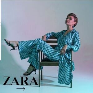 ZARA retro geometric print long sleeve button down shirt dress OVERSIZED Small